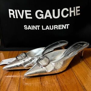 Mango Metallic Silver Kitten Heel Mules